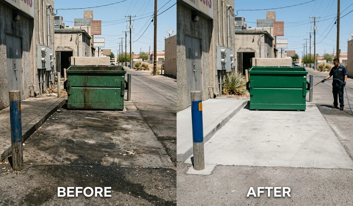 Before/after of a greasy vs clean dumpster pad