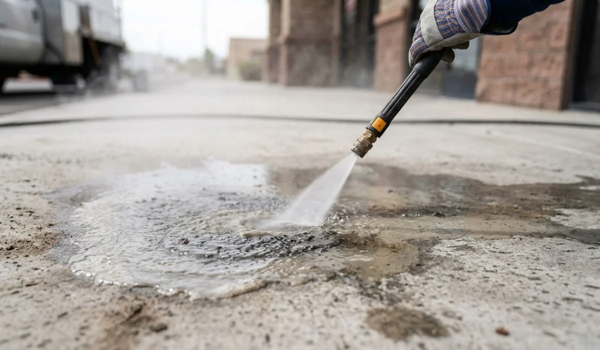 Close-up of grease lifting from concrete by hot water