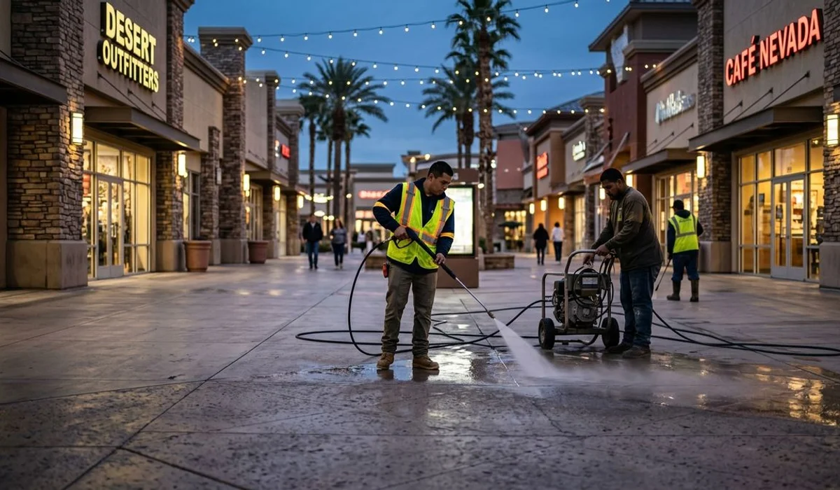 Crew pressure washing a large Las Vegas retail plaza walkway at dusk