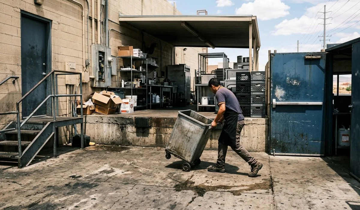 Grease-stained restaurant back-of-house concrete, harsh daylight