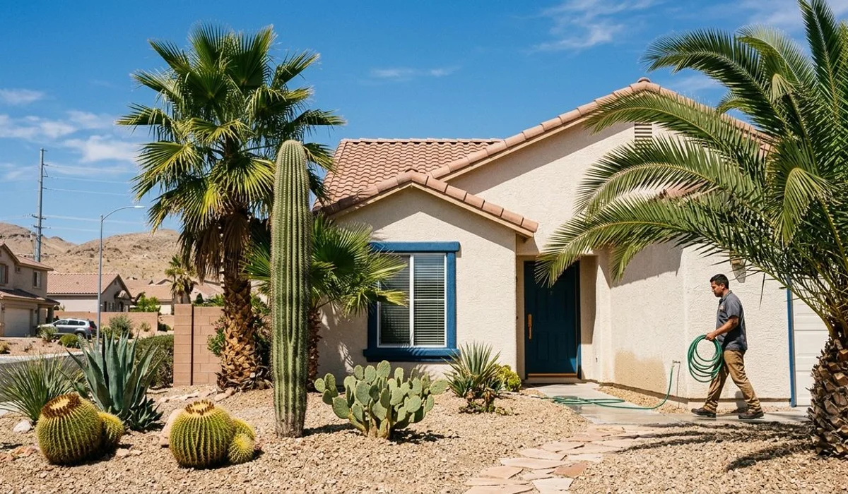 Healthy cacti and palms beside a freshly washed house