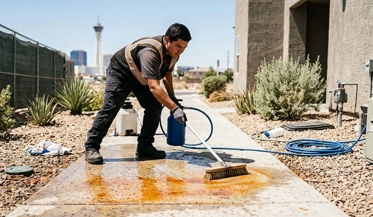 Orange rust stains on a concrete walkway being treated