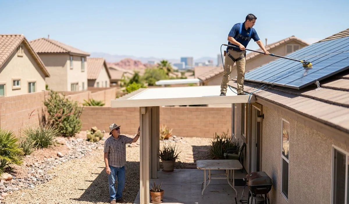 Pro cleaning panels while homeowner watches from below