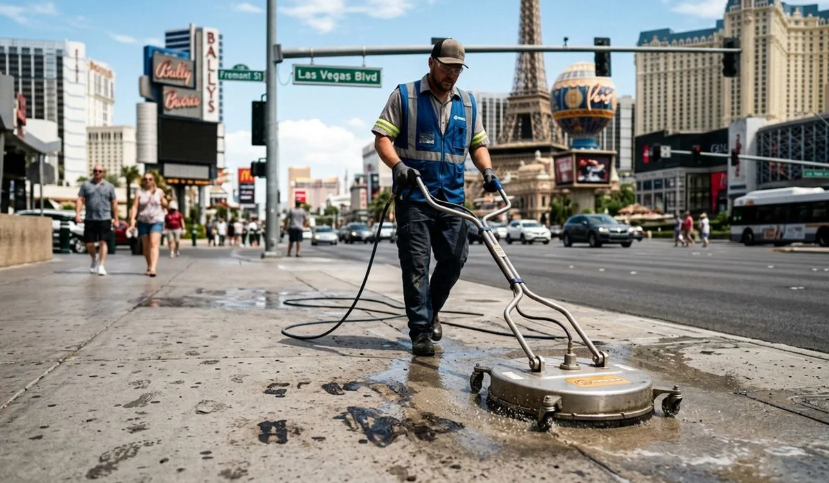 Surface cleaner removing gum stains from a commercial sidewalk, bright daylight