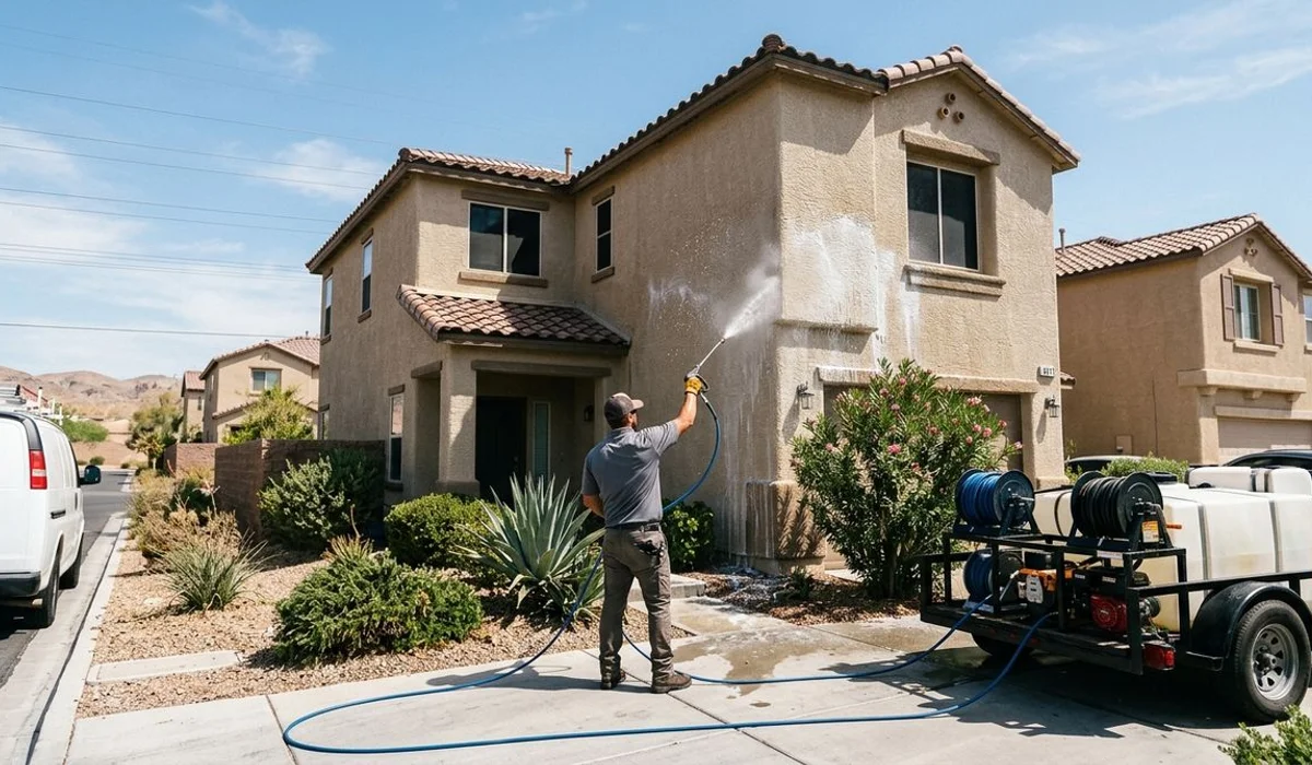 Two-story stucco home being soft washed in Las Vegas